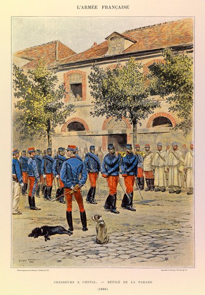 Typy i mundury francuskiego Armee kapitana Julesa Richarda, zilustrowane przez Edouarda Detaille (1848-1912): Hunters a Horseback; Defile de la parade en 1886, Collection Partiale autorstwa Jean Baptiste Edouard Detaille