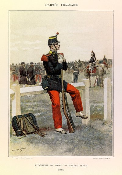 Typy i mundury francuskiego Armee kapitana Julesa Richarda, zilustrowane przez Edouarda Detaille (1848-1912): Infantry de line en grande style in 1885, Collection Partial autorstwa Jean Baptiste Edouard Detaille