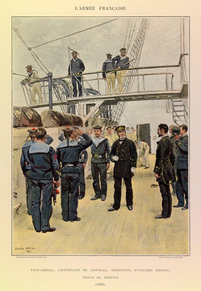 Typy i mundury francuskiego Armee kapitana Julesa Richarda, zilustrowane przez Edouarda Detaille (1848-1912): Marynarka wojenna: wiceadmirał, porucznik okrętowy, aspiranci, karabiny piechoty morskiej w stroju służbowym w 1885 r., zbiory prywatne autorstwa Jean Baptiste Edouard Detaille
