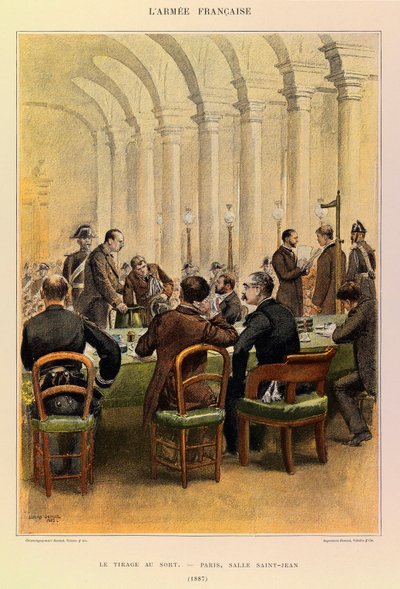 Typy i umundurowanie francuskiego Armee kapitana Julesa Richarda, zilustrowane przez Edouarda Detaille (1848-1912): Losowanie w Paryżu, Salle Saint Jean w 1887 r., Kolekcja prywatna autorstwa Jean Baptiste Edouard Detaille