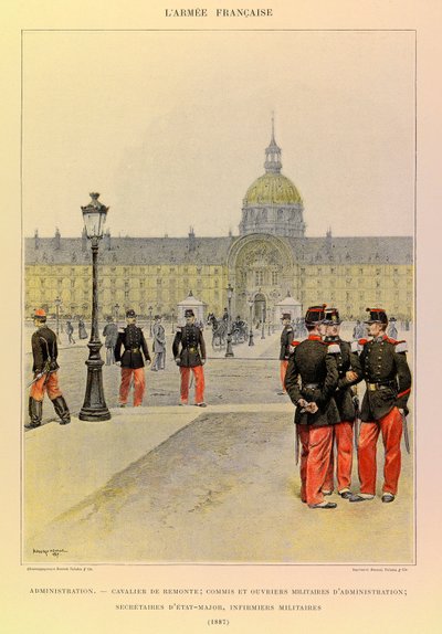Typy i umundurowanie francuskiego Armee kapitana Julesa Richarda, zilustrowane przez Edouarda Detaille (1848-1912): Administracja: Jeździec, wojskowy urzędnik i pracownicy administracyjni, sekretarze sztabowi, pielęgniarki wojskowe w 1887 r., Zbiory prywat autorstwa Jean Baptiste Edouard Detaille