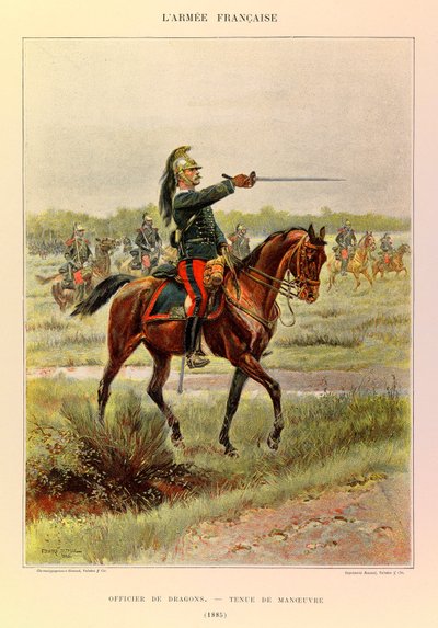Typy i mundury francuskiego Armee kapitana Julesa Richarda, zilustrowane przez Edouarda Detaille (1848-1912): Oficer Smoków w kombinezonie manewrowym w 1885 r., Kolekcja prywatna autorstwa Jean-Baptiste Edouard Detaille
