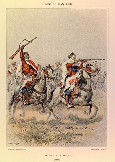 Typy i mundury francuskiego Armee kapitana Julesa Richarda, zilustrowane przez Edouarda Detaille (1848-1912): Spahis a la Fantasia in 1886, kolekcja prywatna autorstwa Jean-Baptiste Edouard Detaille
