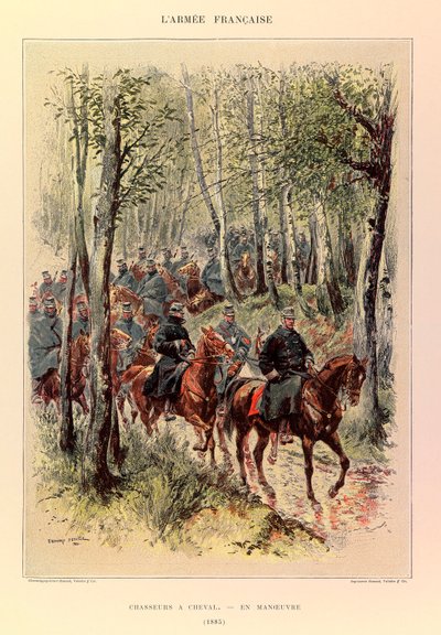 Typy i mundury francuskiego Armee kapitana Julesa Richarda, zilustrowane przez Edouarda Detaille (1848-1912): Łowcy koni w manewrach w 1885 r., Kolekcja prywatna autorstwa Jean Baptiste Edouard Detaille