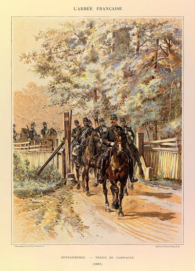 Typy i mundury francuskiego Armee kapitana Julesa Richarda, zilustrowane przez Edouarda Detaille (1848-1912): Żandarmeria w stroju polowym w 1887 r., kolekcja prywatna autorstwa Jean Baptiste Edouard Detaille