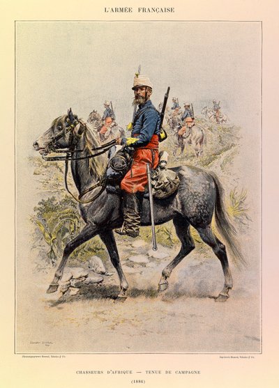 Typy i mundury francuskiego Armee kapitana Julesa Richarda, zilustrowane przez Edouarda Detaille (1848-1912): Hunters of Africa in Country Dress in 1886, Private Collection autorstwa Jean Baptiste Edouard Detaille