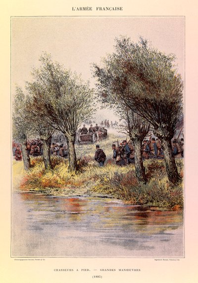Typy i mundury francuskiego Armee kapitana Julesa Richarda, zilustrowane przez Edouarda Detaille (1848-1912): Łowcy pieszo; wielkie manewry w 1885 r., kolekcja prywatna autorstwa Jean Baptiste Edouard Detaille