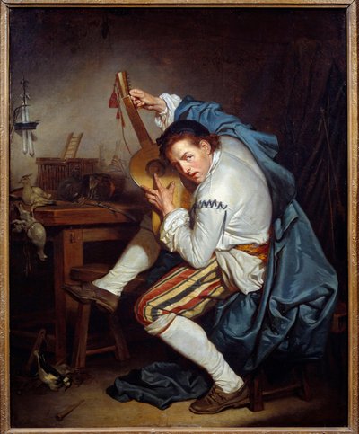 Gitarzysta, czyli ptak, który wracając z polowania obdarowuje swoją gitarę Obraz Jeana Baptiste Greuze (1725-1805) XVIII-wieczne Słońce. 0,71x0,57 m Nantes, Muzeum Sztuk Pięknych autorstwa Jean Baptiste Greuze