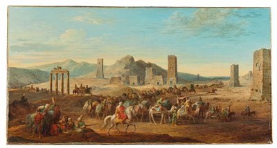 Dwie karawany przy wejściu do doliny prowadzącej do Palmyra autorstwa Jean Baptiste Hilair