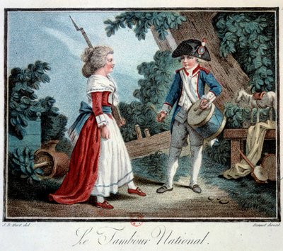 Rewolucja francuska: „Le tambour national”” Dwoje małych dzieci przebiera się za rewolucjonistów. Litografia Jean Baptiste Huet (1745-1811) XVIII-wieczny Paryż, Sztuka dekoracyjna autorstwa Jean Baptiste Huet