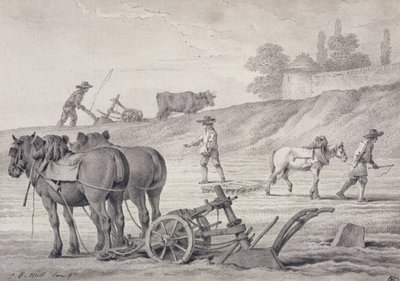 Oranie pól (pióro i atrament i pranie na papierze) autorstwa Jean Baptiste Huet