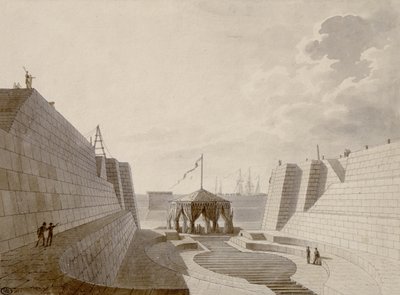 Suchy dok w Cherbourgu, lipiec 1813 (pióro, atrament i toaleta na papierze) autorstwa Jean Baptiste Isabey