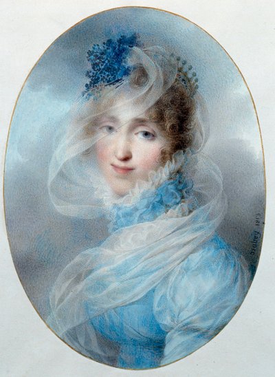 Portret królowej Hortense de Beauharnais (1783-1837) Jest córką cesarzowej Józefiny de Beauharnais i matką przyszłego Napoleona III. Akwarela Jean Baptiste Isabey (1767-1855) 1813 Nd. 0,13x0,95 m Malmaison, musee du chateau autorstwa Jean Baptiste Isabey