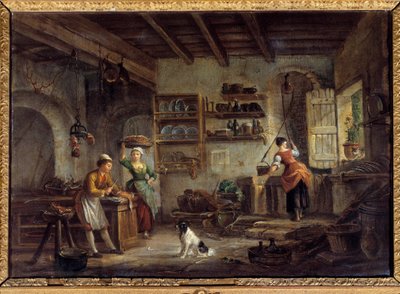 Wnętrze kuchni Kucharki i pokojówki przygotowujące posiłki mistrza. Obraz Jeana Baptiste Lallemanta (1710-1803) XVIII-wieczny Bourg en bresse, Musee de Brou autorstwa Jean-Baptiste Lallemand