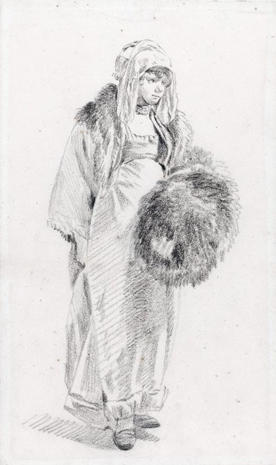 Rosjanka w futrzanej mufce par Le Prince, Jean-Baptiste (1734-1781), Między 1758 a 1761 - Czarna kreda na papierze, 22,9x13,8 - Kolekcja prywatna autorstwa Jean Baptiste Le Prince