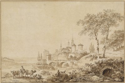 Pasterze w krajobrazie przed ufortyfikowanym miastem autorstwa Jean Baptiste Le Prince