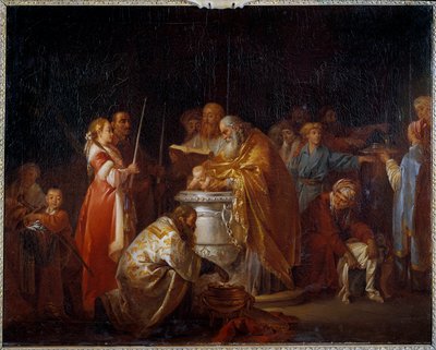 Chrzest rosyjski Prawosławny papież chrzci dziecko na oczach rodziców. Obraz Jeana Baptiste Leprince (1733-1781) 1765 Nd. 0,73x0,92 m² autorstwa Jean Baptiste Leprince