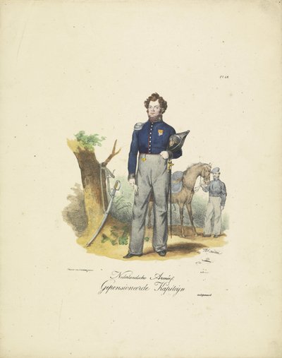 Kapitan w stanie spoczynku, 1820-1825 Nederlandsche Armée, Emerytowany Kapiteyn (tytuł na obiekcie) Stroje wojskowe Królestwa Niderlandów. Dedykowane Jego Ekscelencji Willemowi van Bylandtowi (tytuł serii na obiekcie) autorstwa Jean Baptiste Madou