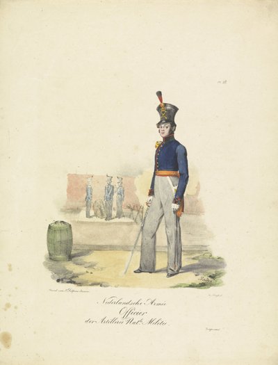 Oficer artylerii, 1820-1825 Nederlandsche Armée Officier der Artillerie Nat.le Militie (tytuł na obiekcie) Stroje wojskowe Królestwa Niderlandów. Dedykowane Jego Ekscelencji Willemowi van Bylandtowi (tytuł serii na obiekcie) autorstwa Jean Baptiste Madou