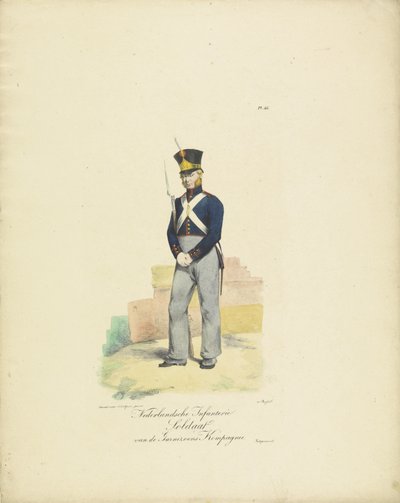 Żołnierz Garnizonowy, 1820-1825 Holenderski żołnierz piechoty Kompanii Garnizonowej (tytuł na obiekcie) Stroje wojskowe Królestwa Niderlandów. Dedykowane Jego Ekscelencji Willemowi van Bylandtowi (tytuł serii na obiekcie) autorstwa Jean Baptiste Madou