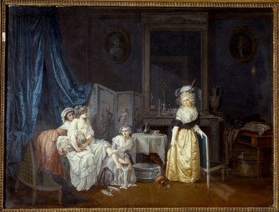 Toaleta Młoda kobieta z pomocą swoich panien zamierza się wykąpać. Obraz Jeana Baptiste Mallet autorstwa Jean Baptiste Mallet