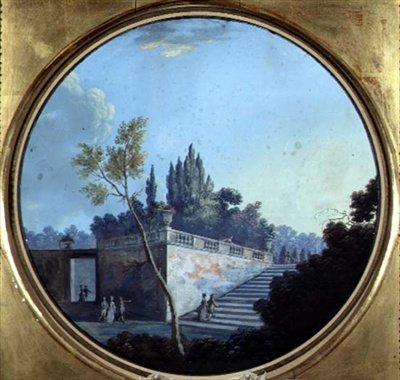 Ogród klasyczny, prawdopodobnie w Wersalu (akwarela i gwasz na papierze) autorstwa Jean Baptiste Marechal
