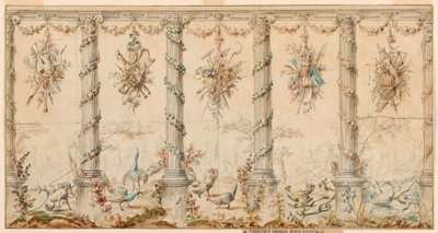 Rysunek, projekt gobelinu poświęconego życiu na farmie, 1780-95 autorstwa Jean Baptiste Marie Huet