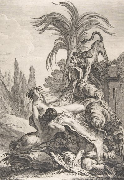 Przestraszona najada Rozczochrana najada cofa się ze strachu na widok lwa, ca. 1740 r., autorstwa Jean Baptiste Marie Pierre