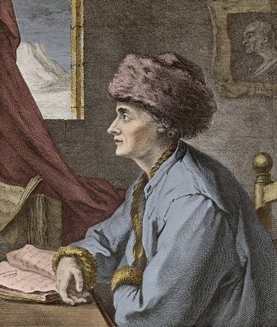 Jean Jacques Rousseau Francuski pisarz i filozof w Neufchatel w 1765 grawerowane przez JB Michel - Portret Jean-Jacques Rousseau (Jean Jacques) z Neuf Chatel w 1765 grawerowane przez J.B. Michel autorstwa Jean Baptiste Michel