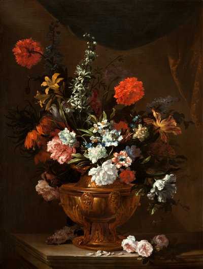 Kwiaty w rzeźbionej wazonie autorstwa Jean Baptiste Monnoyer