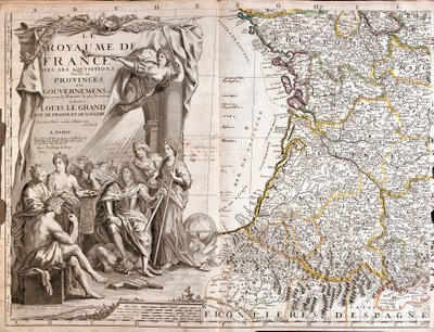 Mapa Guyenne i Gaskonii z portretem Ludwika XIV (1638-1715) w otoczeniu alegorycznych postaci autorstwa Jean Baptiste Nolin