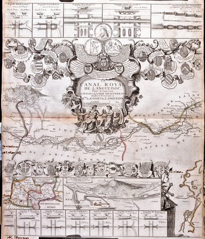 Mapa Canal du Midi, z jego akweduktami (Grawerowanie autorstwa Jean Baptiste Nolin