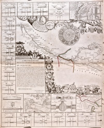 Mapa Canal du Midi, z jego akweduktami (Grawerowanie autorstwa Jean Baptiste Nolin