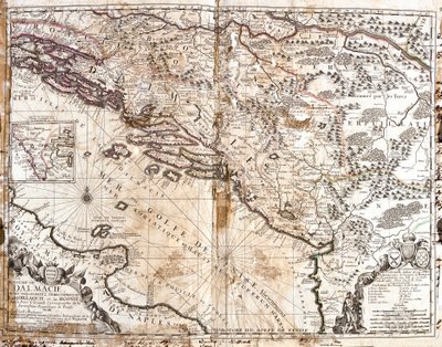 Mapa Królestwa Dalmacji (dzisiejsza Chorwacja i Czarnogóra), na wybrzeżu Zatoki Weneckiej (Morze Adriatyckie) (Grawerowanie autorstwa Jean Baptiste Nolin