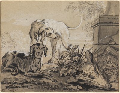 Po polowaniu: Dwa psy gończe obok głowy dzika autorstwa Jean Baptiste Oudry