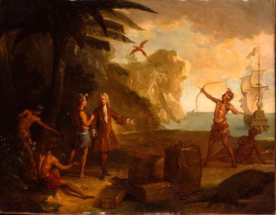 Ameryka - europejski kupiec negocjujący z rdzennymi Amerykanami beczkę tytoniu i innych towarów, 1724 autorstwa Jean Baptiste Oudry