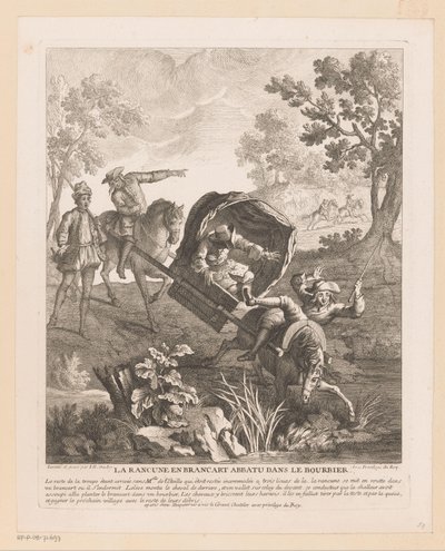Nosidło z końmi wpada do wody La Rancune en brancart abbatu dans le bourbier (tytuł na obiekcie) Sceny z Roman Comique Scarrona (tytuł serii) autorstwa Jean Baptiste Oudry