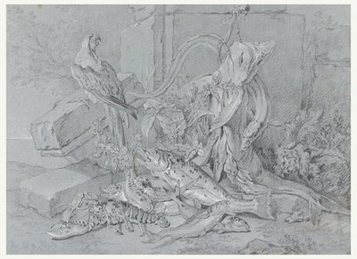 Rysunek, martwa natura z rybą i papugą, 1740 autorstwa Jean Baptiste Oudry