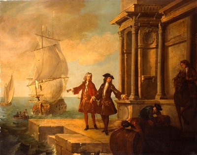 Europa - europejscy kupcy z sztauerami przeładującymi beczkę i belę na nabrzeżu, 1724 autorstwa Jean Baptiste Oudry