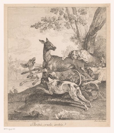 Jeleń zaatakowany przez psy myśliwskie Arrêtés, cruels, arrêtez (...) (tytuł na przedmiocie) Sceny polowań (tytuł serii) autorstwa Jean Baptiste Oudry