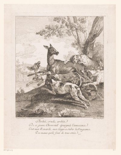 Jeleń zaatakowany przez psy myśliwskie Arrêtés, cruels, arrêtez (...) (tytuł na przedmiocie) Sceny polowań (tytuł serii) autorstwa Jean Baptiste Oudry