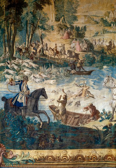 Polowanie Ludwika XV: śmierć jelenia w stawie. Szczegół. Gobelin autorstwa Jean Baptiste Oudry (1686 - 1755) autorstwa Jean Baptiste Oudry