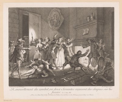 Wnętrze spotkało groep vechtende mensen Wznowienie walki, w której dwóch służących otrzymuje klepnięcia po pośladkach (tytuł na obiekcie) Sceny z Romana Comique van Scarrona (tytuł serii) autorstwa Jean Baptiste Oudry
