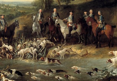 Król Ludwik XV polował na jelenie w lesie Saint Germain w 1730 r. Detal. Obraz Jean Baptiste Oudry (1686-1755) 1730 Tuluza, Musee des Augustins autorstwa Jean Baptiste Oudry