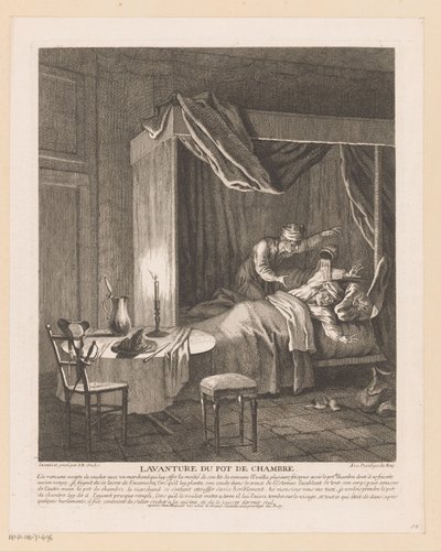 Człowiek jest zaskoczony, gdy opróżnia się nad niego nocnik Lavanture du pot de chambre (tytuł na przedmiocie) Sceny z Roman Comique Scarrona (tytuł serii) autorstwa Jean Baptiste Oudry