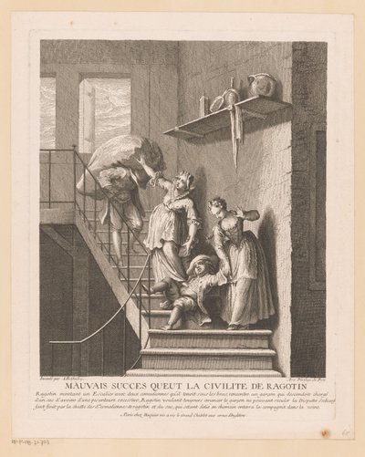 Ragotin spotkał twee panie w pułapce Zły sukces, jaki miała uprzejmość Ragotina (tytuł na obiekcie) Sceny z Romana Comique van Scarrona (tytuł serii) autorstwa Jean Baptiste Oudry