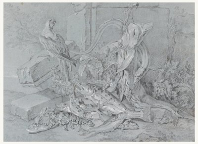 Martwa natura z rybą i papugą autorstwa Jean Baptiste Oudry