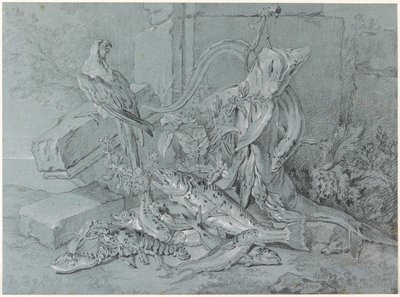 Martwa natura z rybą i papugą autorstwa Jean Baptiste Oudry