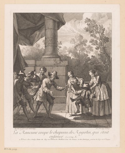 Knipt Wrok autorstwa Hoed van Ragotin La Rancune odcina kapelusz Ragotina (tytuł na obiekcie) Sceny z Romana Comique van Scarrona (tytuł serii) autorstwa Jean Baptiste Oudry