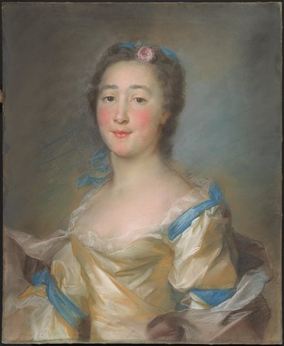 Młoda dama w żółtej sukni z niebieskimi wstążkami autorstwa Jean Baptiste Perronneau